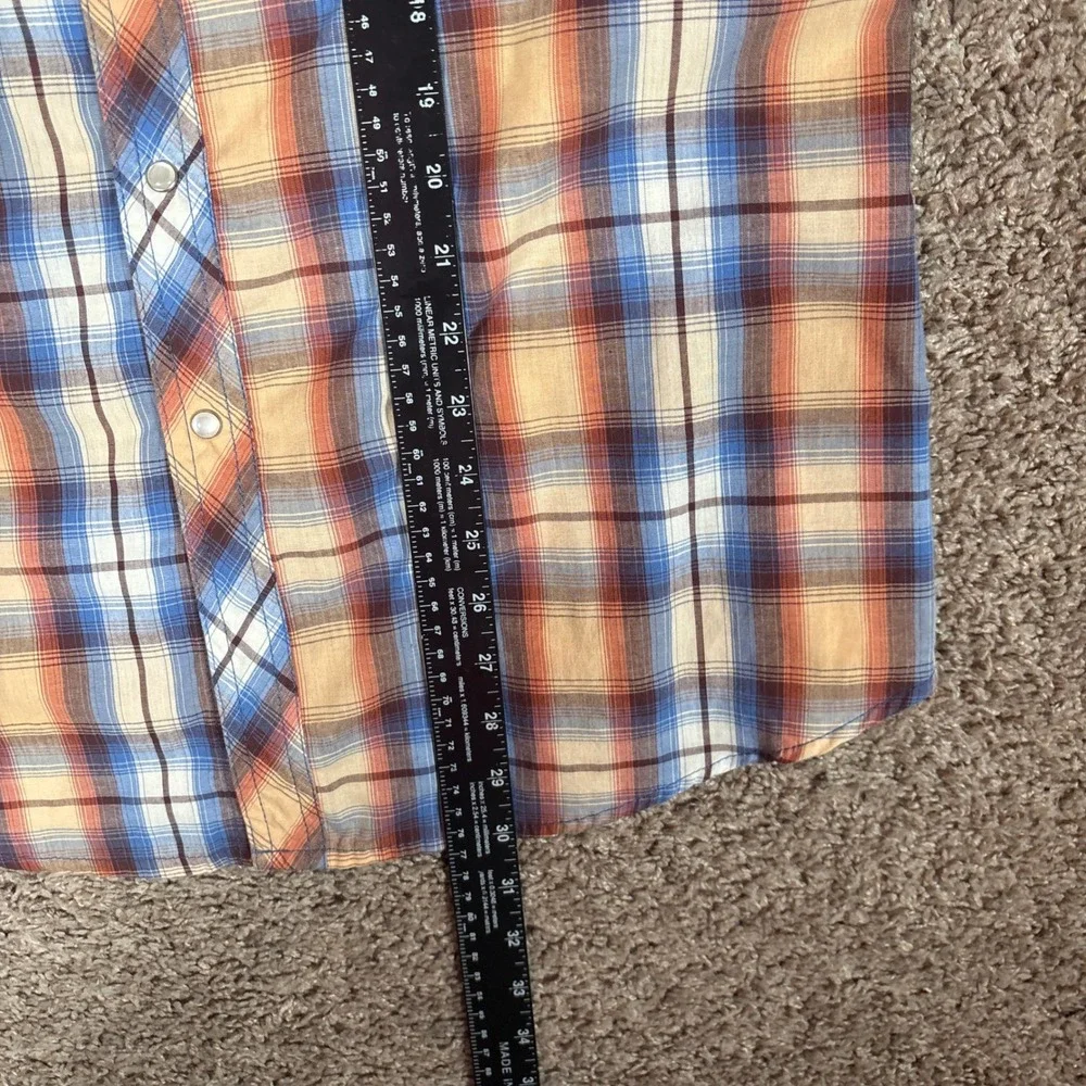 Wrangler Wrancher Mens XL Blue Orange Plaid Western Pearl Snap Shirt MTW1123‎